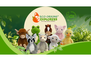 ECO-Origins® Explorers sustainable DIY plush collection by Teddy Mountain, featuring animal plush toys made with recycled materials in a nature-inspired setting.