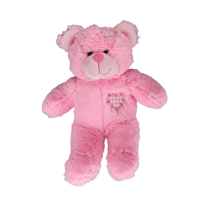 Adorable small size soft pink plush Pink Patches teddy bear with a heart shaped patch on its head, tummy and one foot
