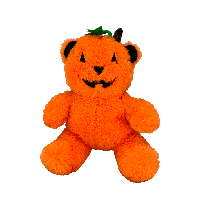 Super cute orange pumpkin style Halloween bear with a green patch on its head