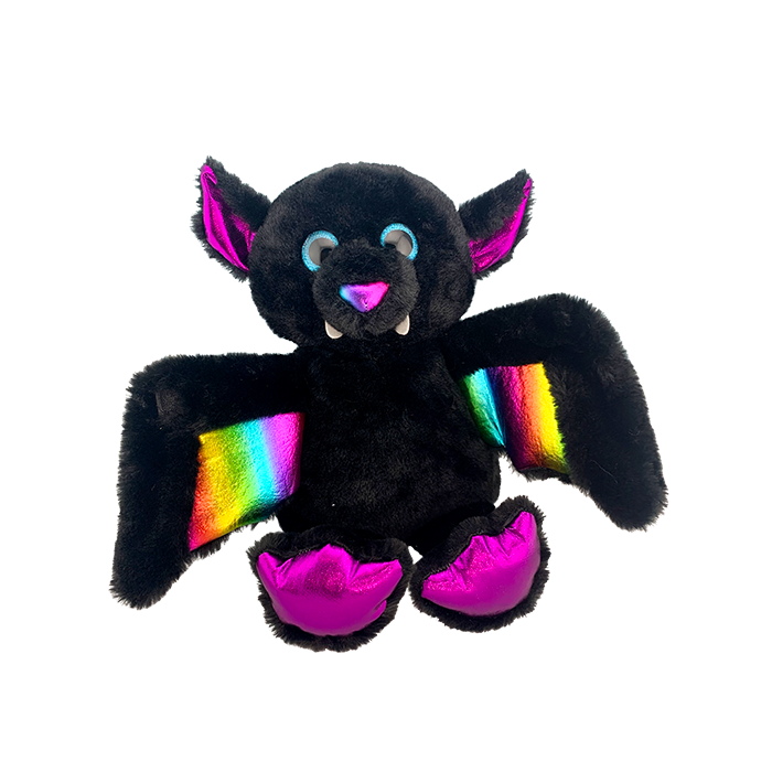 super adorable bat in black fur with shiny metallic accents and cute small fangs