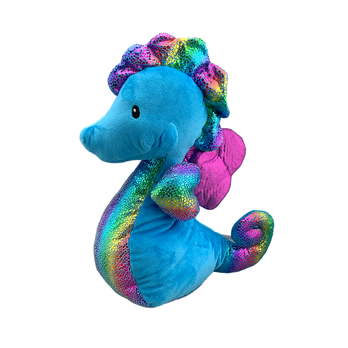 Soft blue colored seahorse with rainbow metallic accents