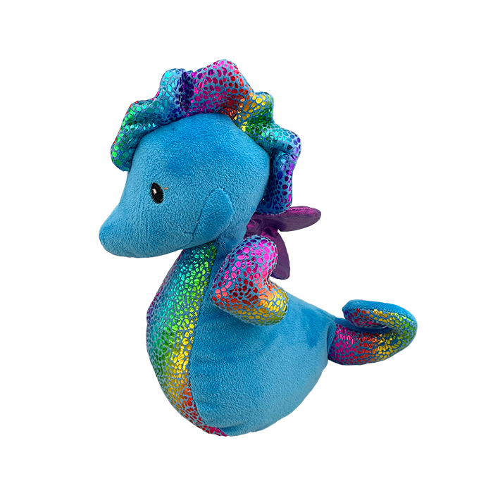 Soft blue colored seahorse with rainbow metallic accents