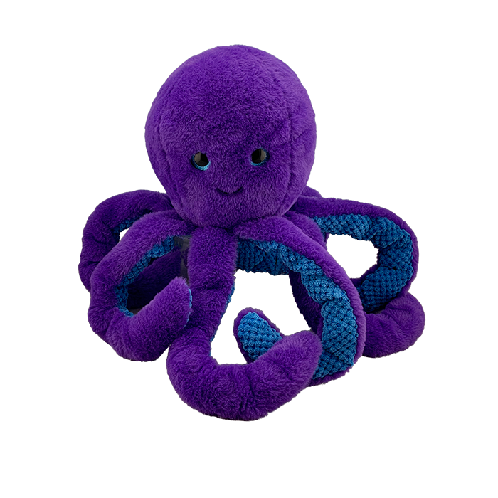super friendly smiling purple octopus with superb fabric tentacles and sparkly eyes