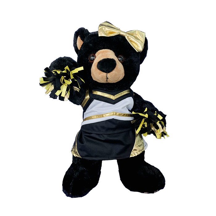 Adorable cheer outfit with matching gold and black pompoms, cheer bow, and spankies on black bear