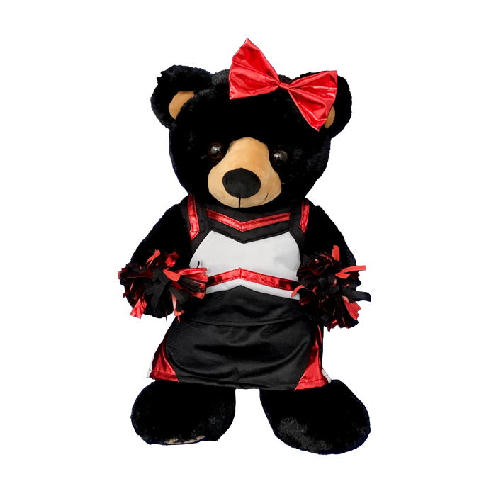 Adorable cheer outfit with matching red and black pompoms, cheer bow, and spankies on black bear