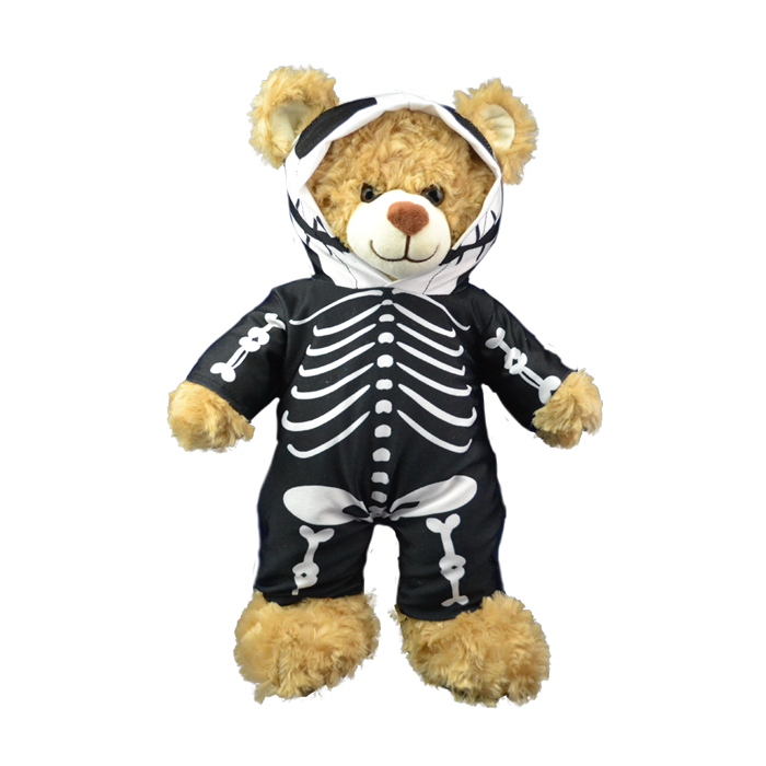 Black morph suit with white skeleton printed on it dressed on a brown bear