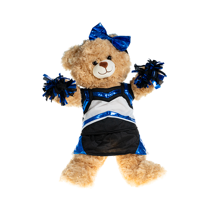 Light cream colored bear in a metallic royal blue and black cheerleading uniform with poms in paws and bowties on the ears