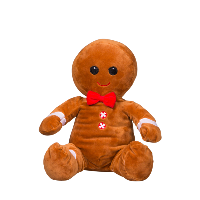 Gingerbread man full of fluff and a red tie with button accents to match the style, it has embroidered eyes