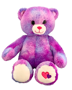beautiful pink and purple teddy bear with glittering pink eyes and two cute hearts embroidered on one of its feet
