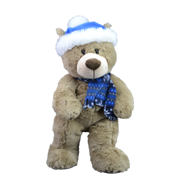 Cute teddy bear in a blue hat and plaid blue scarf