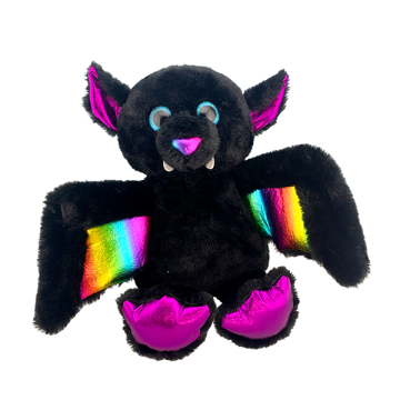 super adorable bat in black fur with shiny metallic accents and cute small fangs