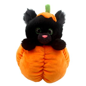 jet black cat with deep emerald green eyes peeking from a pumpkin