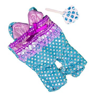 blue glittery mermaid costume with purple accents and a cute little seashell purse