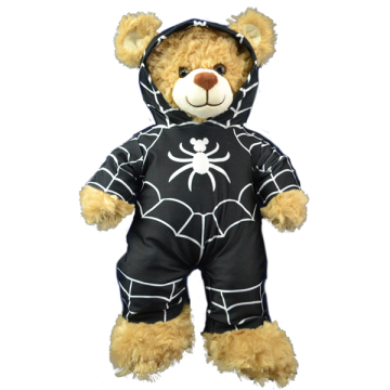 Black morph suit with white spider webbing and spider bear logo on a brown bear