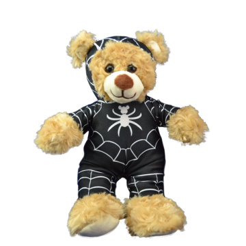 Black morph suit with white spider webbing and spider bear logo on a brown bear