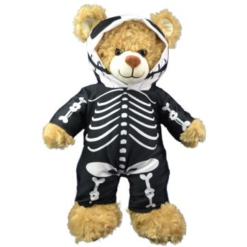 Black morph suit with white skeleton printed on it dressed on a brown bear