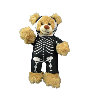 Black morph suit with white skeleton printed on it dressed on a brown bear