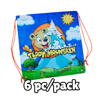 Drawstring backpack with orange drawstrings and teddy mountain logo printed on front