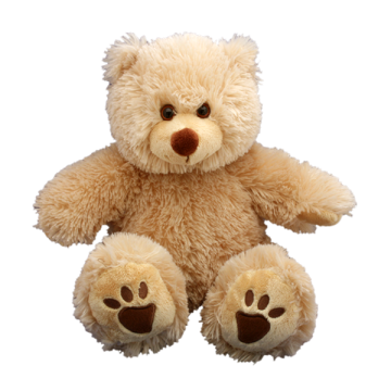 A cute fluffy teddy bear with bear paw prints on his feet!