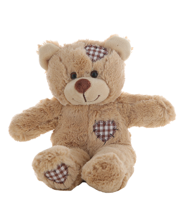 Adorable cuddly brown teddy bear with heart shaped patches