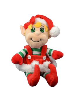 a girl elf in a cute red outfit with a shirt to match in green and white stripes
