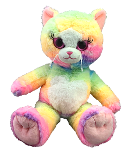 Soft cat in vibrant colors, heart shaped tummy and sparkly purple eyes
