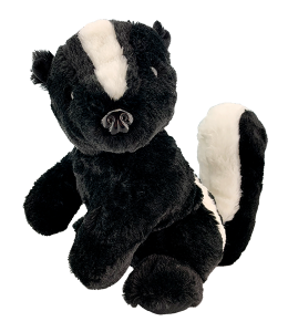 cute skunk with soft jet black fur and white stripe on its back and a fluffy tail