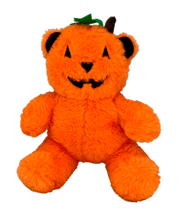 Super cute orange pumpkin style Halloween bear with a green patch on its head