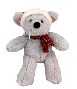 adorable festive mouse with soft grey fur, red scarf and a christmas hat to match