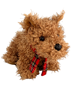 adorable furry terrier with a cute little festive plaid scarf