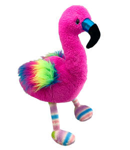 Cute Pink flamingo with colorful fluffy wings and metallic elements