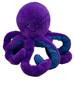 super friendly smiling purple octopus with superb fabric tentacles and sparkly eyes