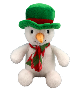 Snowman in a green top hat with red ribbon and a checkered red and green scarf