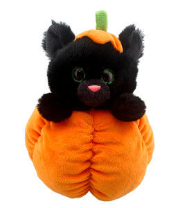 jet black cat with deep emerald green eyes peeking from a pumpkin