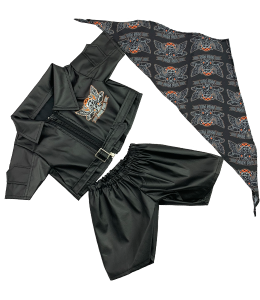 Detailed motorcyle jacket with back print, bandana and pants.