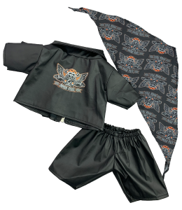 Detailed motorcyle jacket with back print, bandana and pants.