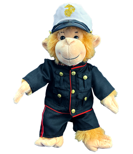marine outfit in navy blue with golden buttons and red accents, complete with white captain cap