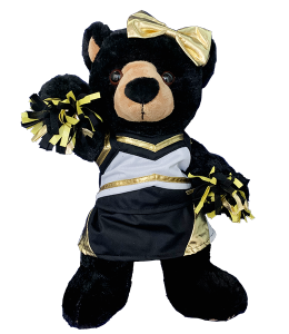 Adorable cheer outfit with matching gold and black pompoms, cheer bow, and spankies on black bear