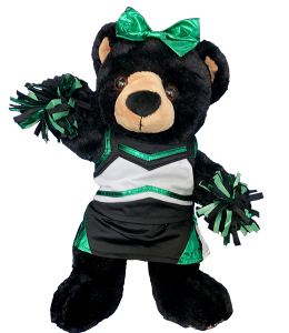 Adorable cheer outfit with matching green and black pompoms, cheer bow, and spankies on black bear