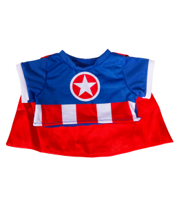 Blue Shirt with star graphic and red and white stripes on the bottom with a red cape