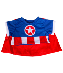 Blue Shirt with star graphic and red and white stripes on the bottom with a red cape