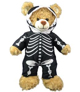 Black morph suit with white skeleton printed on it dressed on a brown bear