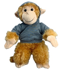 grey hoodie on a plush toy monkey
