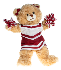  Light cream colored bear in a maroon and black cheerleading uniform with poms in paws and bowties on the ears