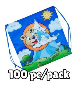 Blue drawstring bag with blue strings and a cute teddy mountain logo on top