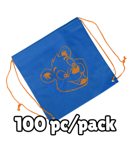 Blue drawstring bag with orange strings and bear graphic on top