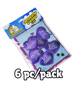 Adoption papers packaged together with purple heart shaped inserts with "Best Friend" written on them