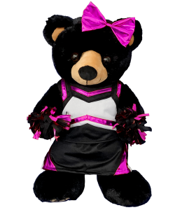 Adorable cheer outfit with matching hot pink and black pompoms, cheer bow, and spankies on a black teddy bear