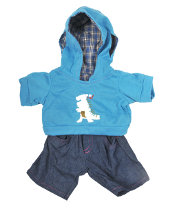 Blue hoodie with a dinosaur print on front and denim jeans