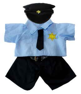 Policeman uniform with blue shirt with a star on it and a black tie, with pants complete with buckle and full policeman hat